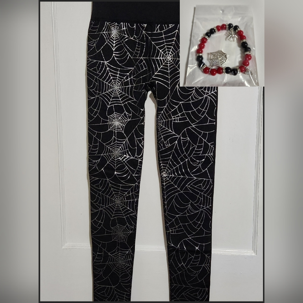 Womens Size L/XL Black Spider Web French Laundry Leggings & Spider Bracelet